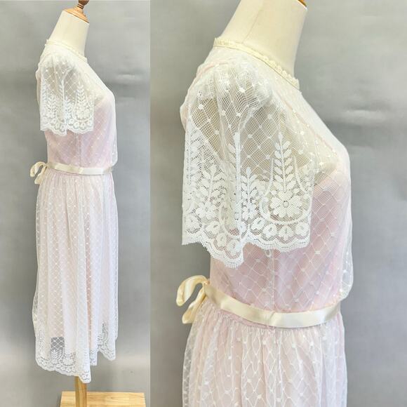 Vintage 70s dot lace overlay taffeta short sleeve midi dress ribbon belt size 11 - Picture 3 of 16